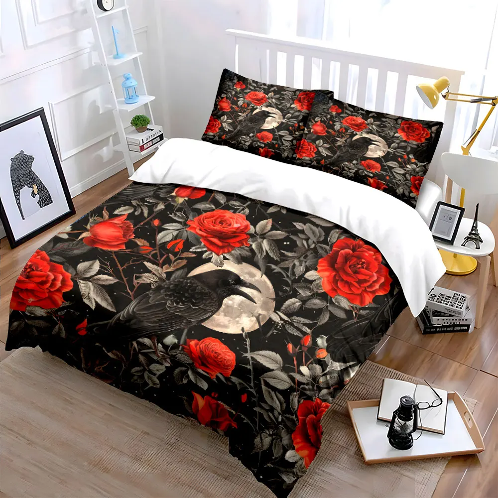 Gothic style Ravens, Roses, and Moonlight Printed Duvet Cover Set 1 Duvet Cover+2 Pillowcase Multi Size Bedroom Bedding Decor