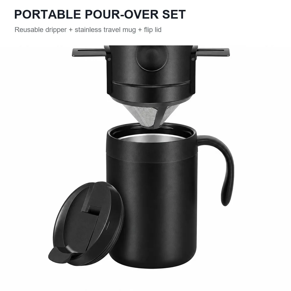 Portable Pour Over Coffee Mug Set with Reusable Stainless Steel Dripper Insulated Travel Cup for Camping Office Home