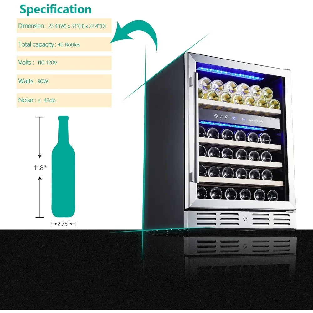 Enfriador de vino de 24 pulgadas, 46 botellas: refrigerador incorporado o independiente de doble zona con puerta de vidrio reversible de acero inoxidable para el hogar