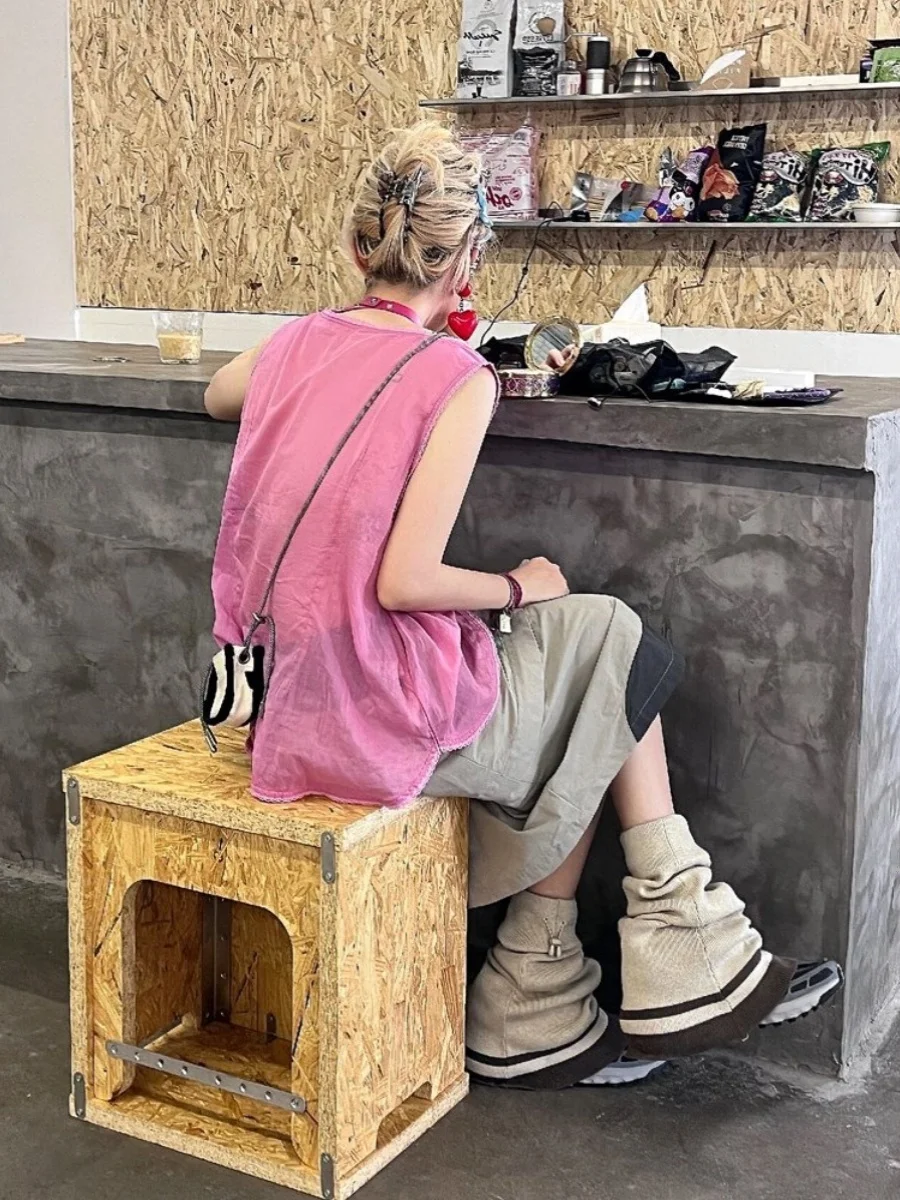 

Loose Dyeing Street Style Vest Set Pink Colorless Trendy Summer Casual Outfit Korean Version Polyester Fiber Two-Piece Suit