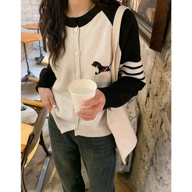 Small Dog Color Blocking Knitted Cardigan Sweater for Women\'s Spring Autumn New Korean Version Slimming Casual Trendy Chic Top