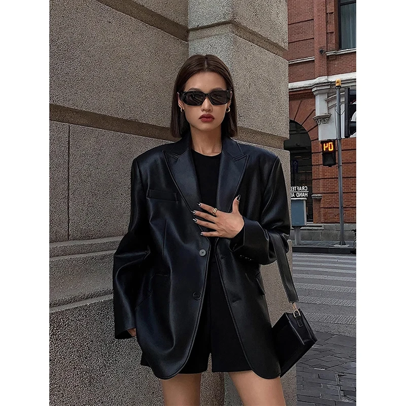 MEXZT Vintage Black Pu Leather Jacket Women Streetwear Oversized Motorcycle Coat Ladies Korean Blazer Fall Winter Chic Outerwear