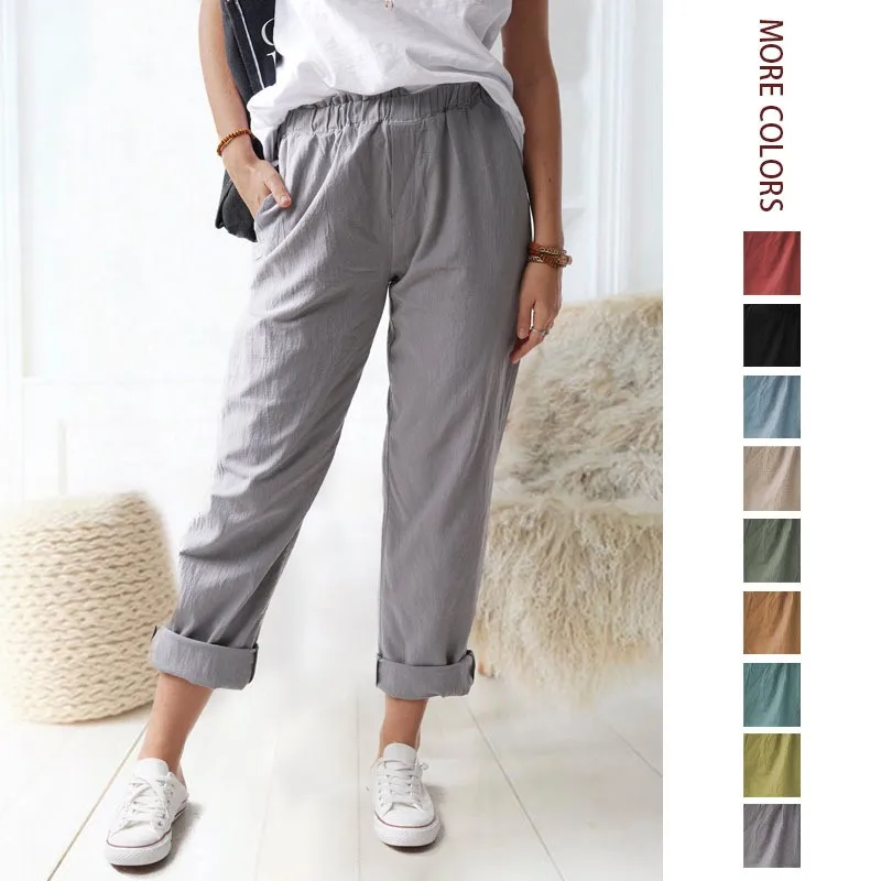 

Summer Women's Cotton Linen Straight Leg Casual Pants Mid Waist Elastic Waist Relaxed Fit Rolled Cuff Nine Quarter Cropped
