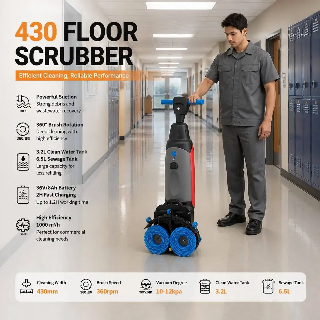 Convenient 18.5kg Light Body 1000m2/h Productivity Cordless Equipment Floor Scrubber for School Building Corridor Floor Work