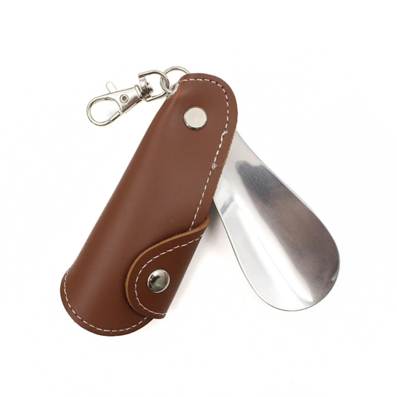 Portable Unisex Shoe Lifter Children Men and Women Metal Shoehorn Keychain Travel Shoehorn with PU Leather Cover