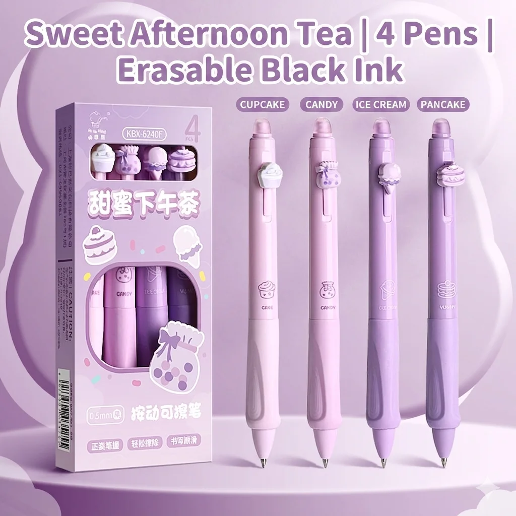 

4-Pack Sweet Afternoon Tea Erasable Pens, 0.5mm Black Ink Pens for School Supplies