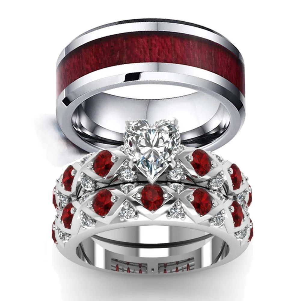 Anelli per coppie di moda Anelli per donna con cuore in cristallo bianco CZ Set da uomo con intarsio in legno rosso Anello in acciaio inossidabile Fede nuziale Gioielli Regali