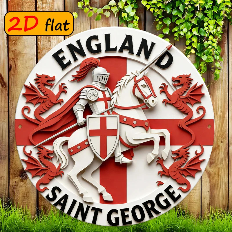 2D Flat, 2D Flat, 2D/Flat, 1pc, England St. George Knight Dragon Pattern Round Sign, 20×20 Cm Outdoor Plaque, Perfect for St. Ge