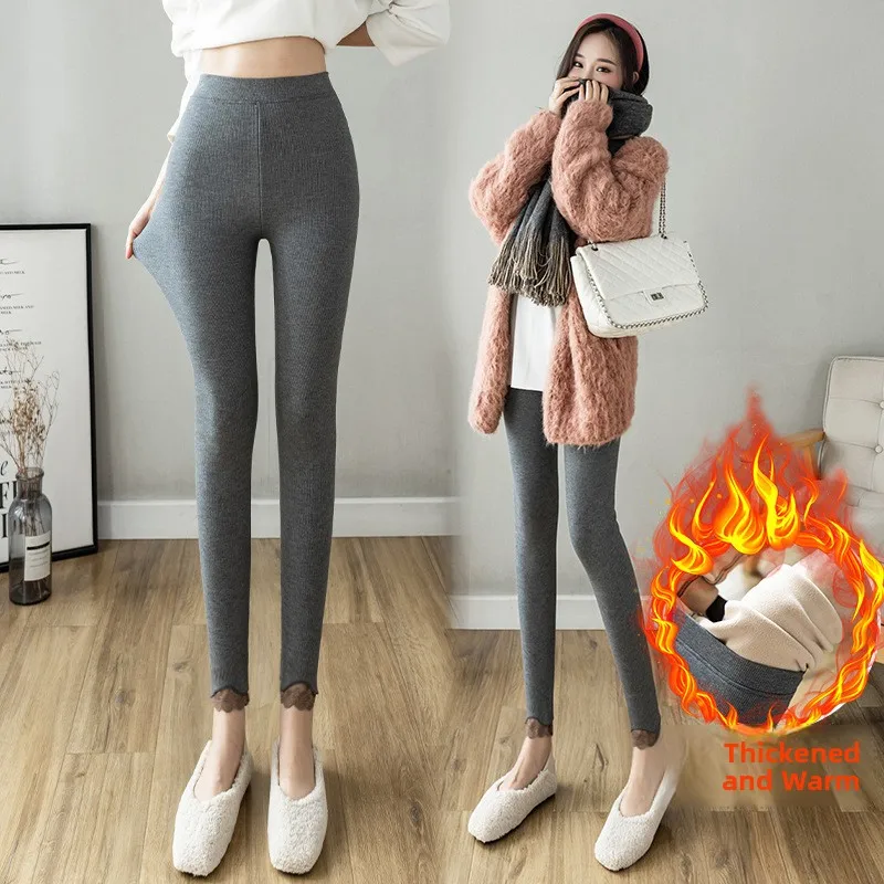Women's Lace Tight Pants Lamb Velvet Base Layer Pants Autumn Outerwear Winter Warm plus Size Nine Points Pants Can Be Worn ou...