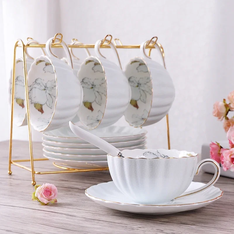 1-6PCS Pink Romantic Pumpkin Coffee Cup Set Kitchen Accessories Bone China Ceramics Tea Cup Organizer English Afternoon Red Tea