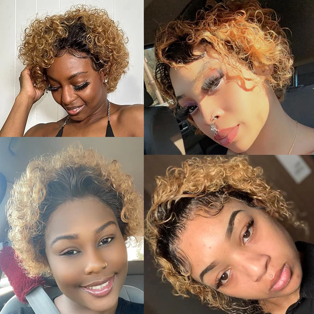 1B/27 オンブレブロンドピクシーカーリーレースフロント人毛6インチ13x1ピクシーカットショートカーリーウィッグ透明レースフロントウィッグ