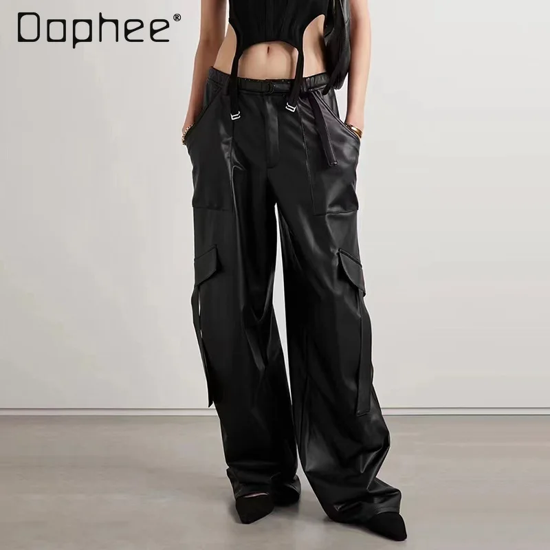 

Street Fashion Leather Pants Elastic Waist Multi Pocket Design Straight Leg Pants Casual Mopping Trousers Hip Hop Female Trend