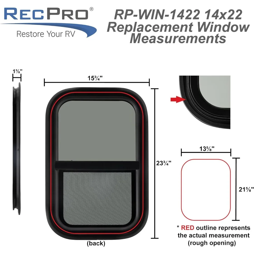 بديل نافذة RV منزلق عمودي، 14 عريض × 22 مرتفع، نمط دمعة، صنع في الولايات المتحدة الأمريكية، اختياري 1.5 حواف