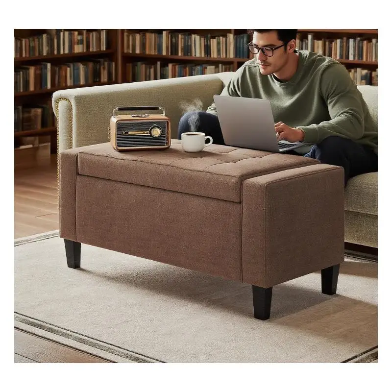 

Lift Top Storage Ottoman Bench with Rubberwood Legs, Linen Upholstered Entryway Seating, Versatile and Stylish Home Organizer