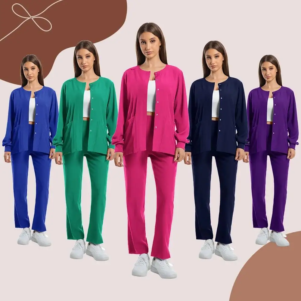 Medical Scrubs Hospital Uniforms Women Long Sleeve Nurse Front Button Jacket Top Pants Scrub Suit Spa Salon Beauty Workwear Set