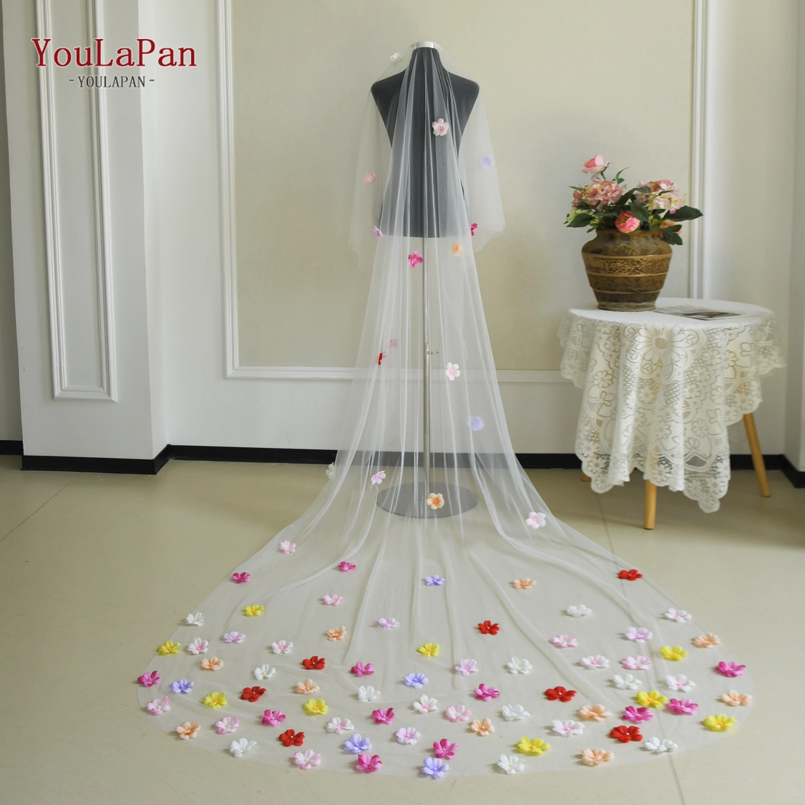 

Свадебная фата TOPQUEEN 3D с разноцветными цветами, фата-колокол, свадебные аксессуары, на заказ, V276