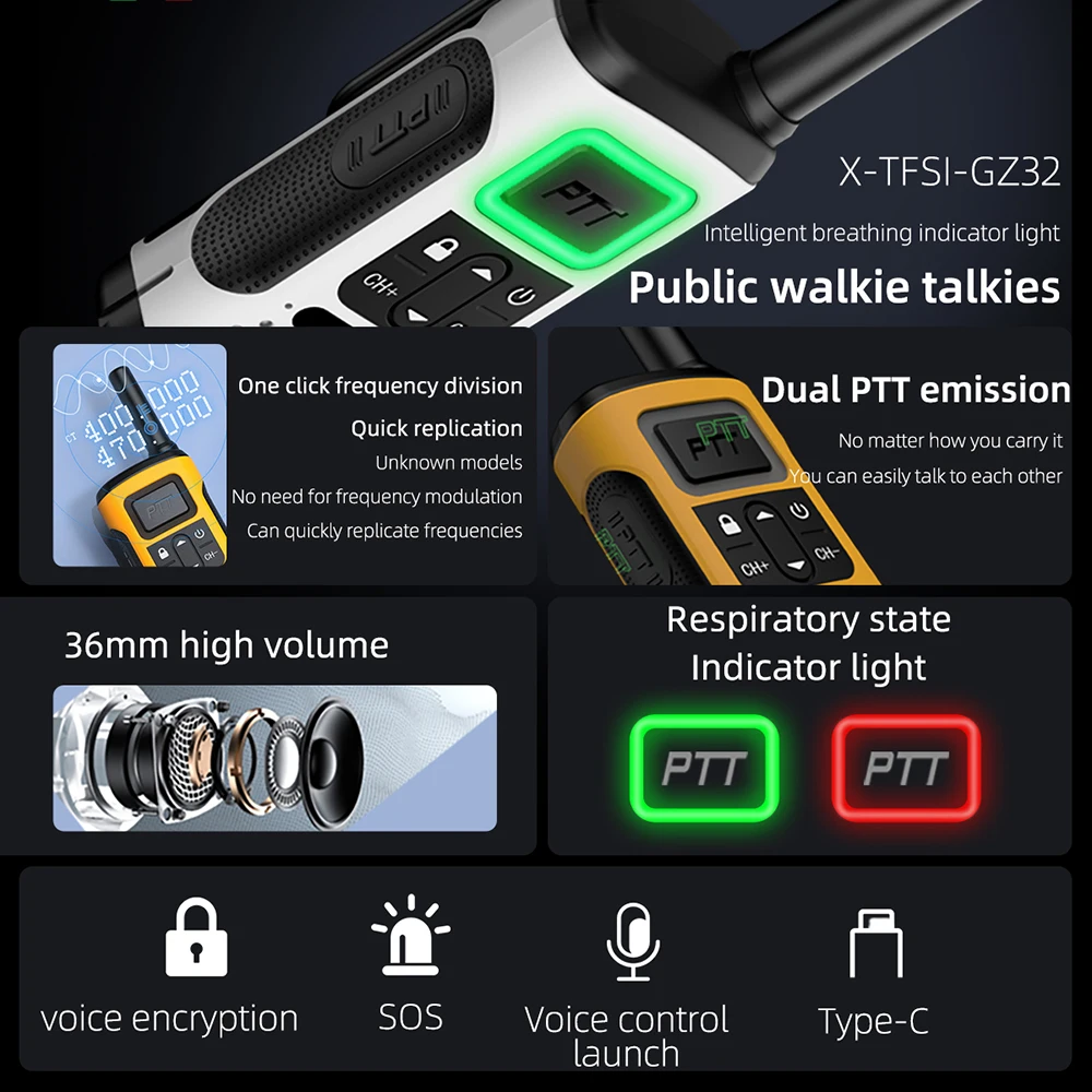 KSUN GZ32 PMR446 FRS Radio dwukierunkowe TYPE-C Szybkie ładowanie Lampka oddechowa Podwójne PTT Walkie Talkie