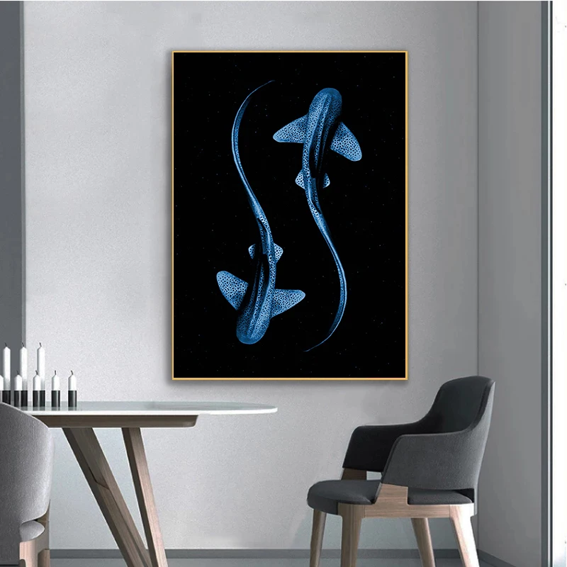 Abstract Sea Creature Cyanea Jellyfish Squid Shark Night Poster Canvas Painting Minimalist Wall Art for Living Room Home Decor