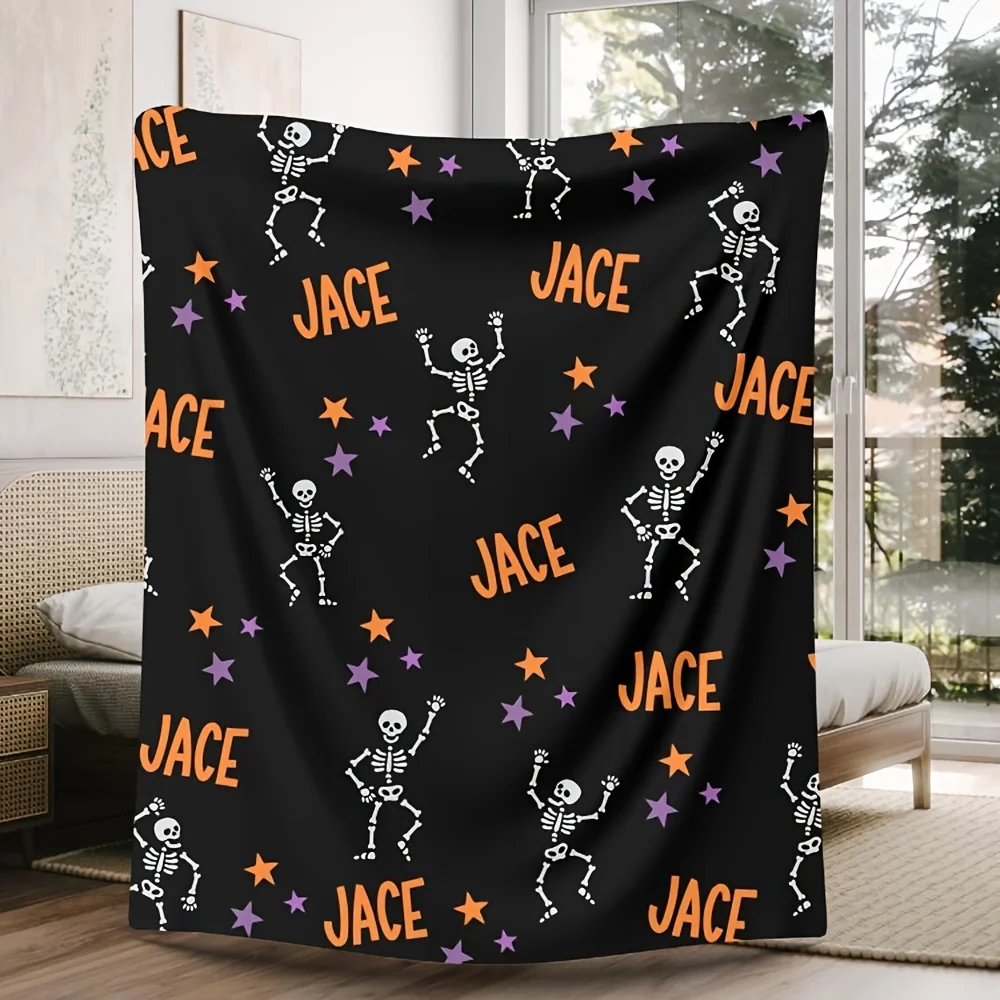 

A personalized Halloween skeleton throw blanket,suitable for boys, customizable with names Modern style flannel woven all season