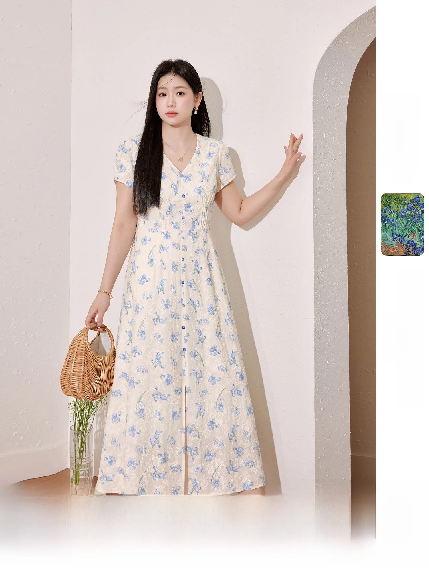 

Van Gogh Collaborative Large Size Women's Beautiful V-ne Floral Skirt Slimming Summer Waist-cinching Dr