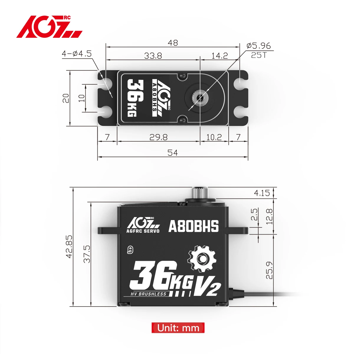 

AGFRC A80BHM V2 A80BHS V HV Steel Gears 40KG 36KG High Torque Programmable Brushless Standard Digital Servo For 1/10 RC Car