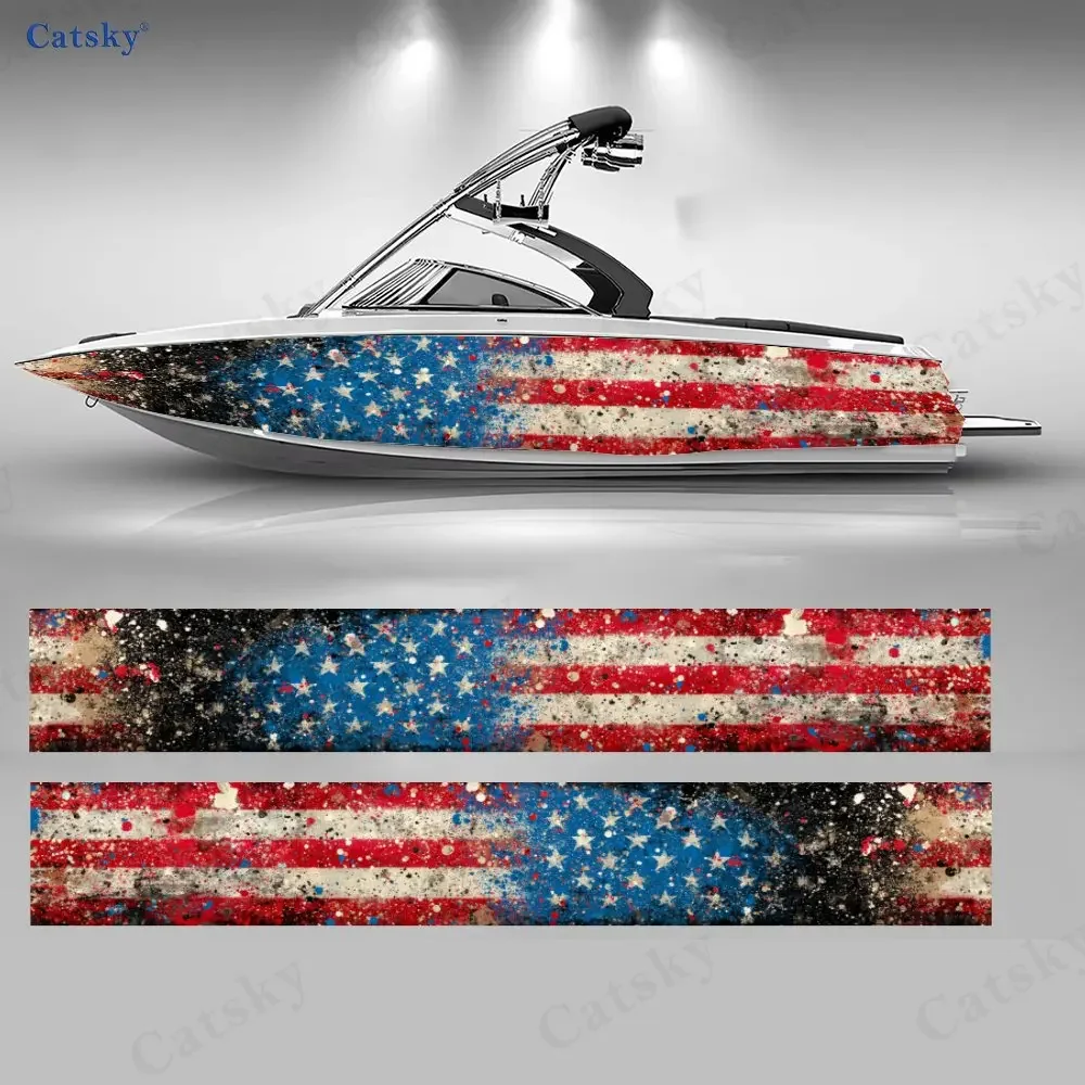 Distressed Stars & Stripes Boat Stickers, PVC Waterproof Durable Vinyl Wrap Decals for Fishing Boats, Durable and Stylish Design