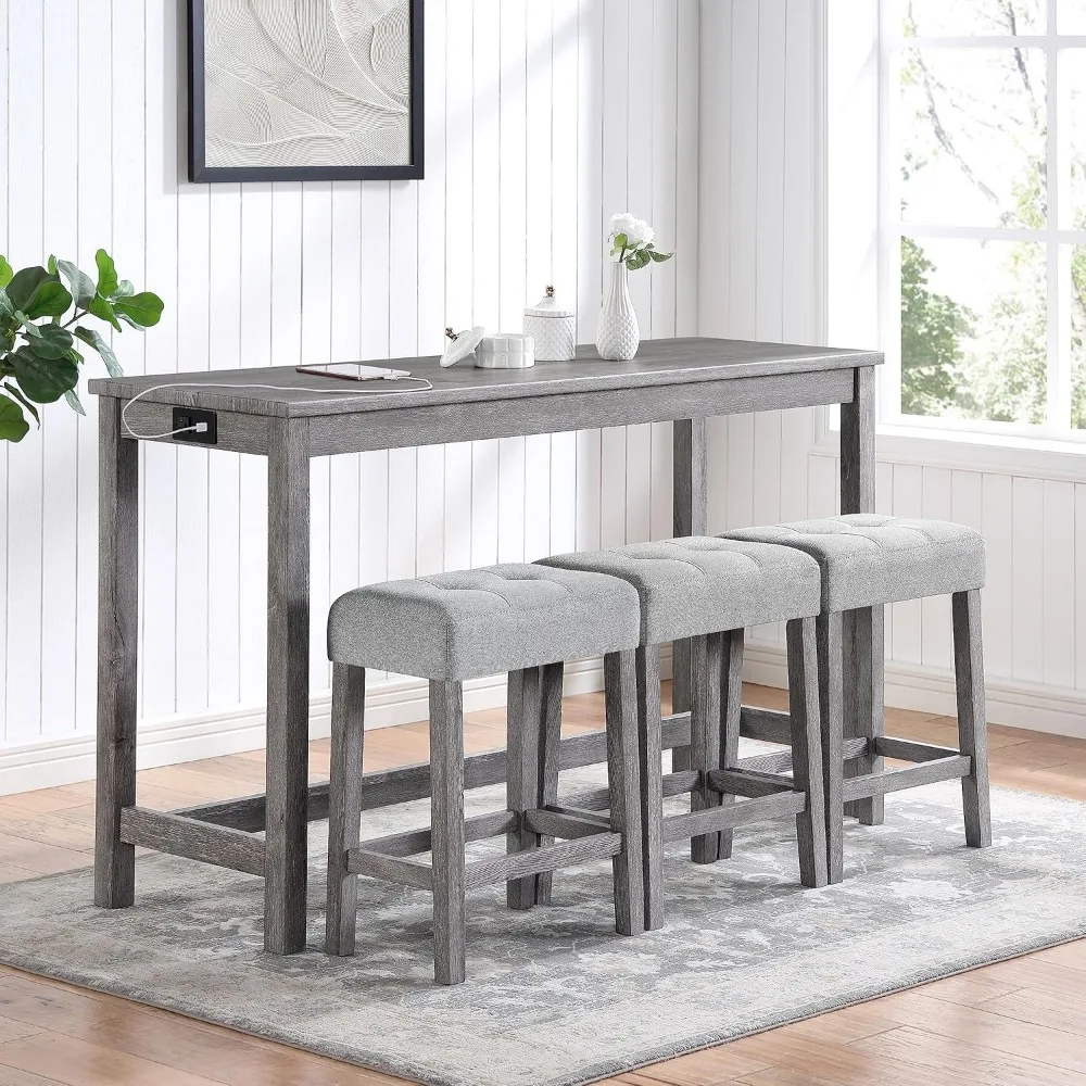 

4 Piece Bar Table Set with Counter Height Table with Power Outlet and Upholstered Stools for Small Space, Farmhouse Rustic Kitc