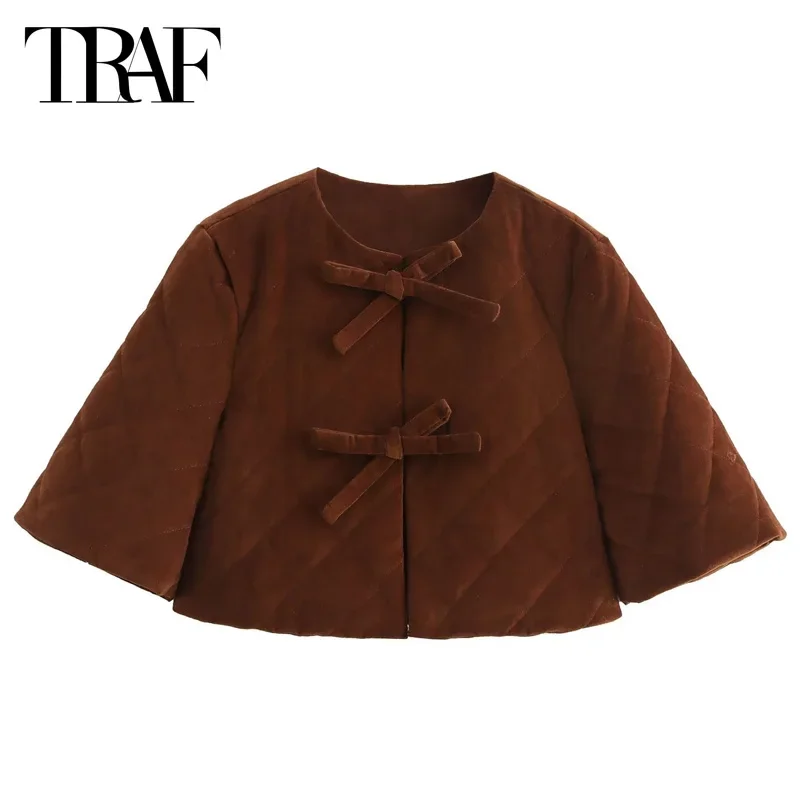 TRAF Woman 2024 Crop Quilted Jacket Bow Button Brown Jacket Demi-Season Jacket For Women Short Sleeve O-Neck Parkas Casual Coat