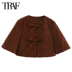 TRAF Woman 2024 Crop Quilted Jacket Bow Button Brown Jacket Demi-Season Jacket For Women Short Sleeve O-Neck Parkas Casual Coat