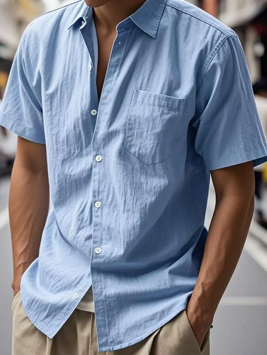 

Light Blue Linen Loose Fit Short Sleeve Casual Shirt with Chest Pocket