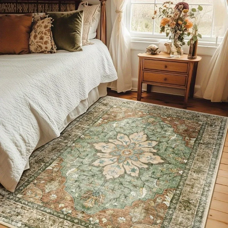 Living Room Area Rug Bohemian Style Green Bedroom Oversized Rug Machine Washable Non-Slip Floral Vintage Print Carpet