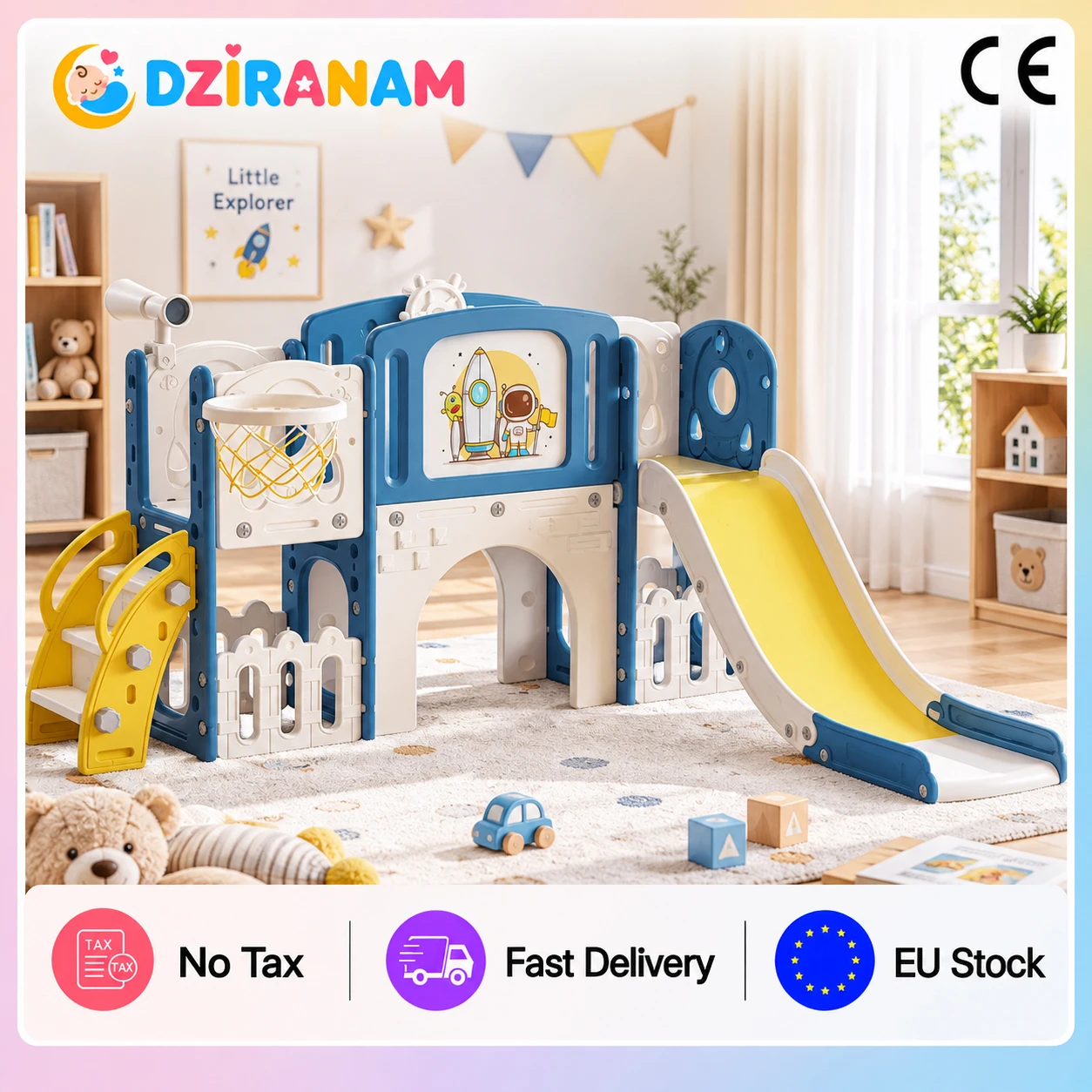Ensemble de jeux intérieur pour enfants 6-en-1 avec toboggan extra long, panier de basket-ball, tunnel de ramper, télescope et volant de direction, centre d'activités domestique en HDPE pour les enfants de 1 an et plus.