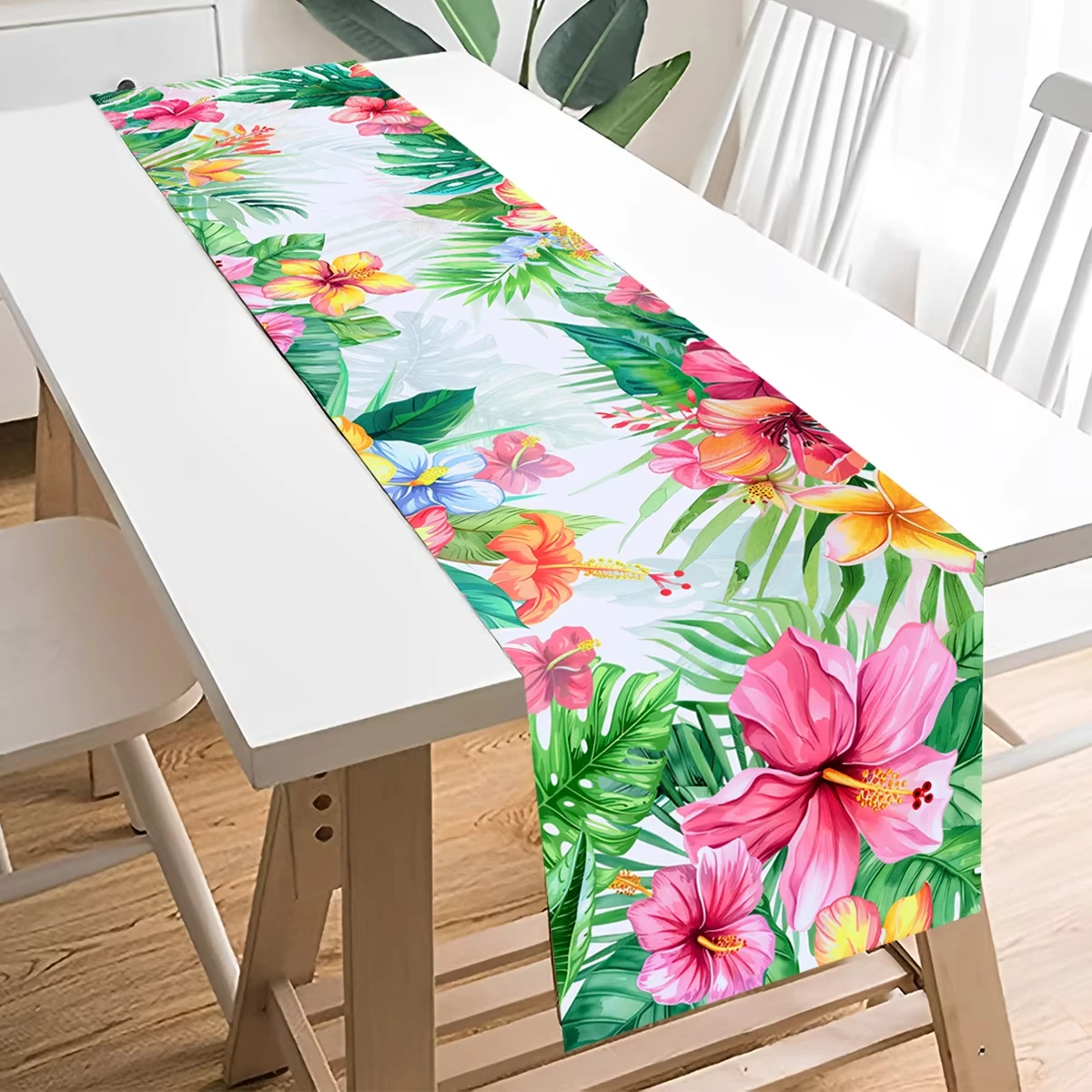 VIKAMA Tropical Floral Table Runner Monstera Leaf Hibiscus Plumeria White Base Summer Dining Table Decor