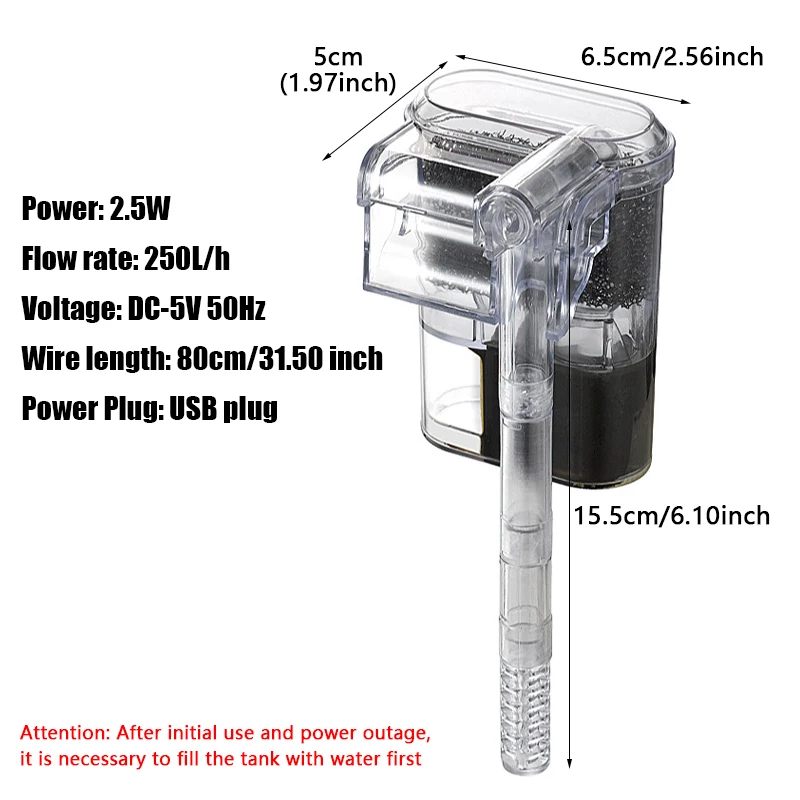 1 x neuer Hängefilter für Aquarien, Mini-Filter, USB, 2,5 W, 250 H/L, geeignet für Aquarien unter 30 cm, Aquarien – Detail 4