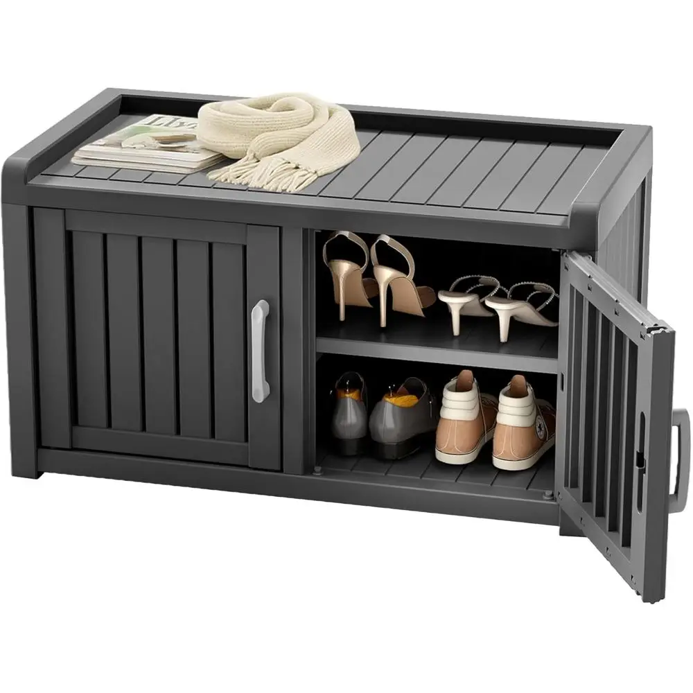 

Устойчивый к УФ-излучению уличный шкаф для обуви со скамейкой для хранения, регулируемыми полками для прихожей, спальни и гостиной (двухдверный, черный)