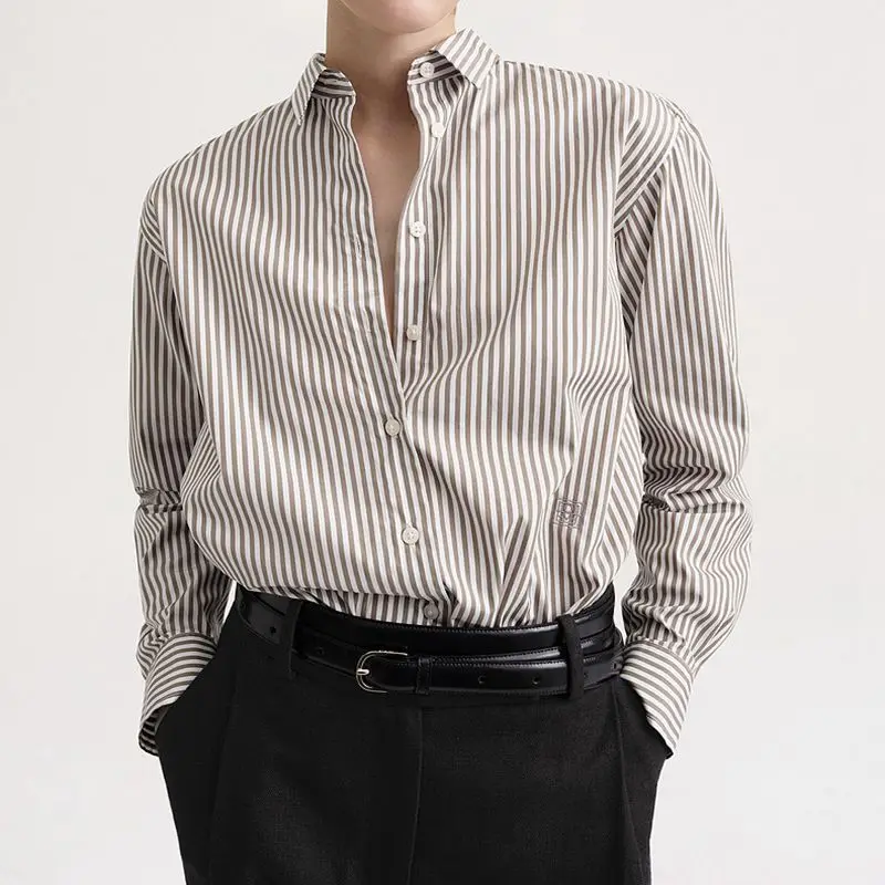 

Women's Long Sleeve Striped Shirt Minimalist Loose Cotton Shirt Boyfriend Style Shirt Lapel Silhouette Shirt Woman