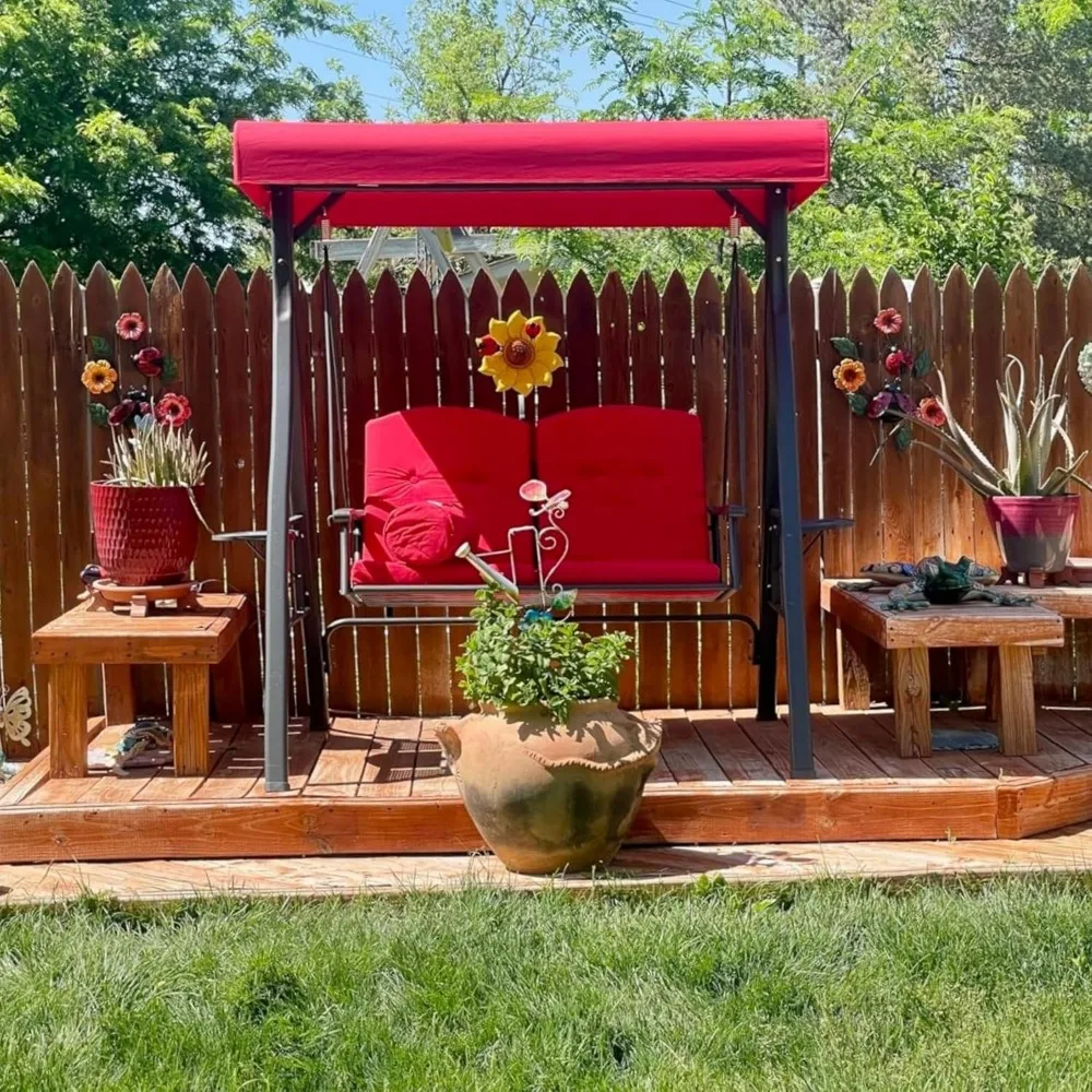 

Outdoor Patio Porch Swing with Stand, 2-seat Swing Chair with Adjustable Tilt Canopy All-Weather Steel Frame for Backyard Front