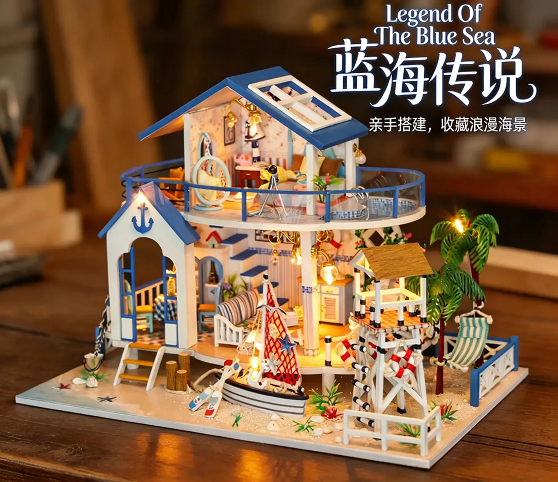 

DIY Beachfront Villa Dollhouse Kit, 1:12 Scale Wooden Coastal Micro Landscape, Handmade Diorama Model & Desktop Decor Toy