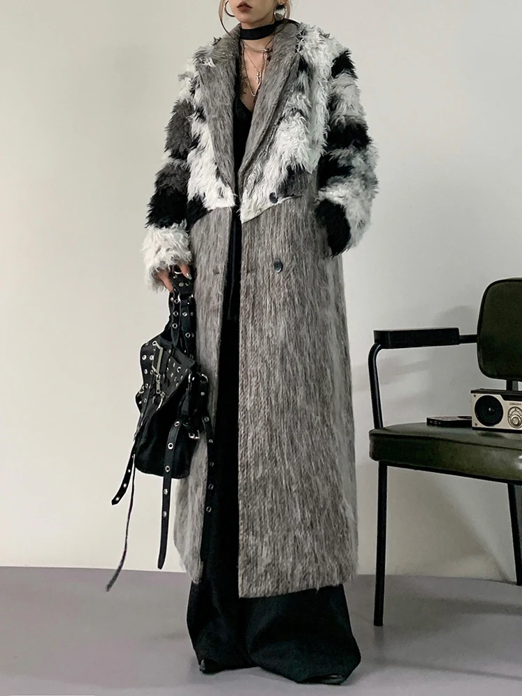 YERMORA Gray Splice Irregular Fake Fur Woolen Coat For Women Lapel Long Sleeve Overcoat Fashion Tide Autumn Winter New 2025