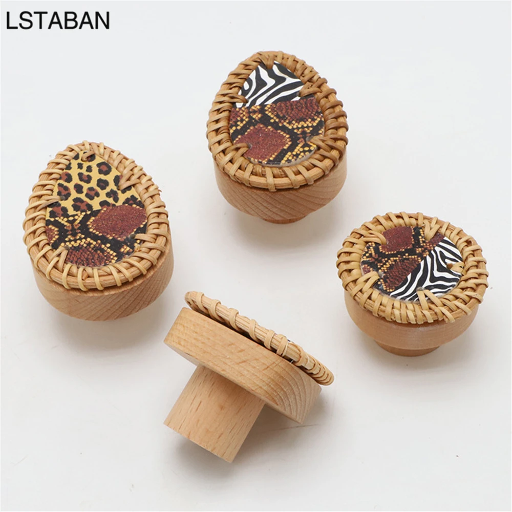 Wood Beech Rattan Cabinet Handle Drawer Dresser Kitchen Cupboard Door Knobs Wardrobe Pull Handle Single Hole Round Square Handle