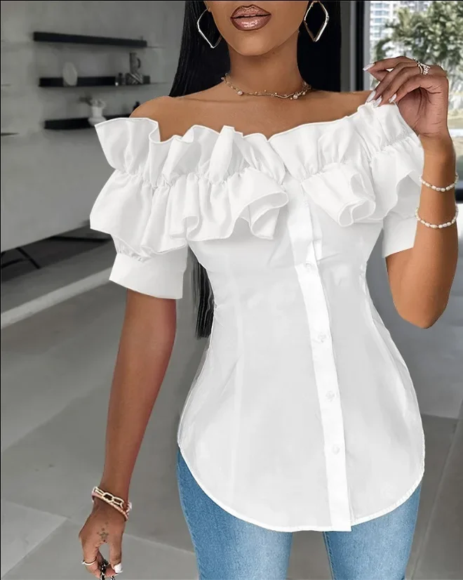 Sweet off Neck Strapless Slim Fit Women's Shirt Short Sleeve Ruffles Solid Color Summer Shirts Blouse Top Single Breasted