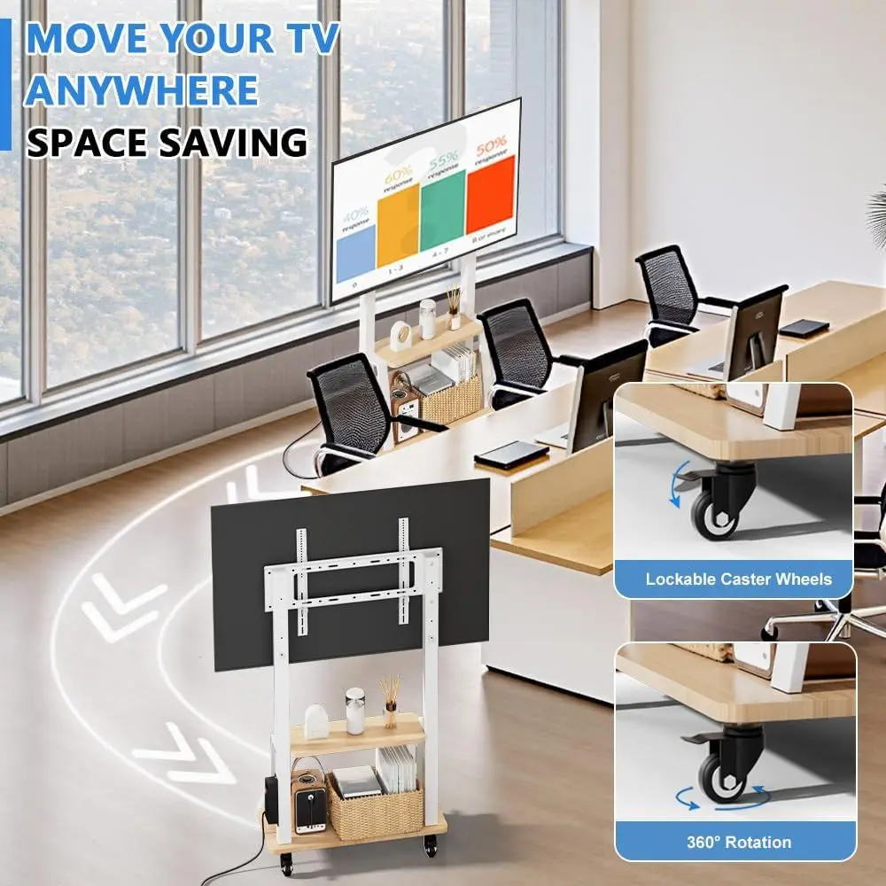 حامل تلفزيون متنقل مع مخرج طاقة، حامل تلفزيون محمول على رف خشبي على عجلات لتلفزيون 32 إلى 55 65 70 75 بوصة، ارتفاع قابل للتعديل #6