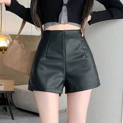 Short en similicuir PU taille haute pour femme, noir, sexy, épais, chaud, pantalon court pour bottes, vêtements d'hiver, 2024