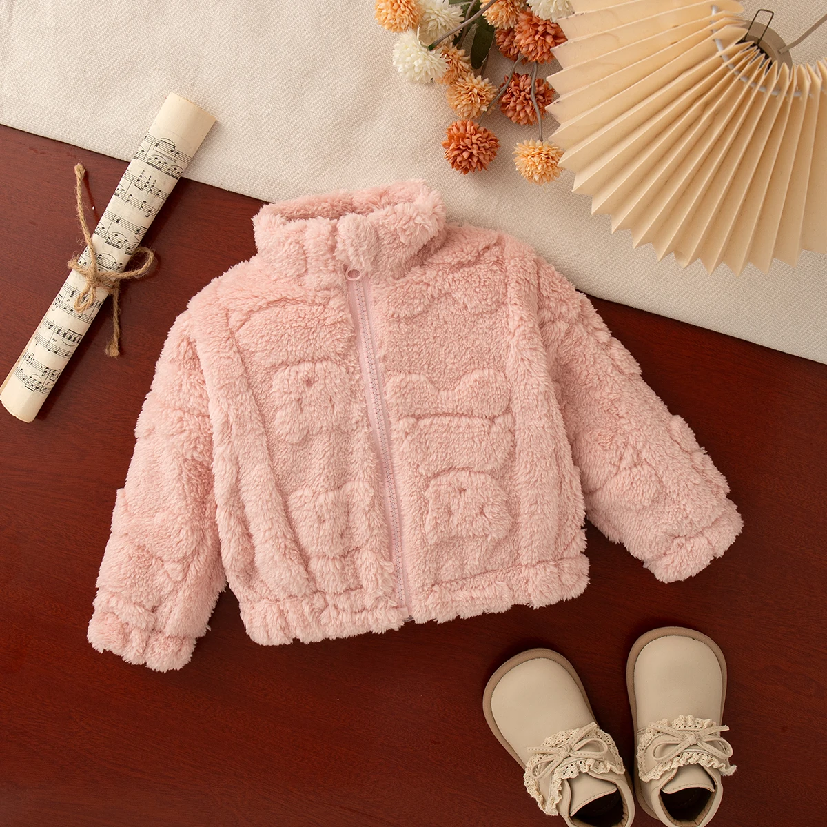 

Baby Winter Clothes Solid Color Bear Pattern Mid-Collar Lambswool Girls Outerwear Cute Warm Baby Girl Coat