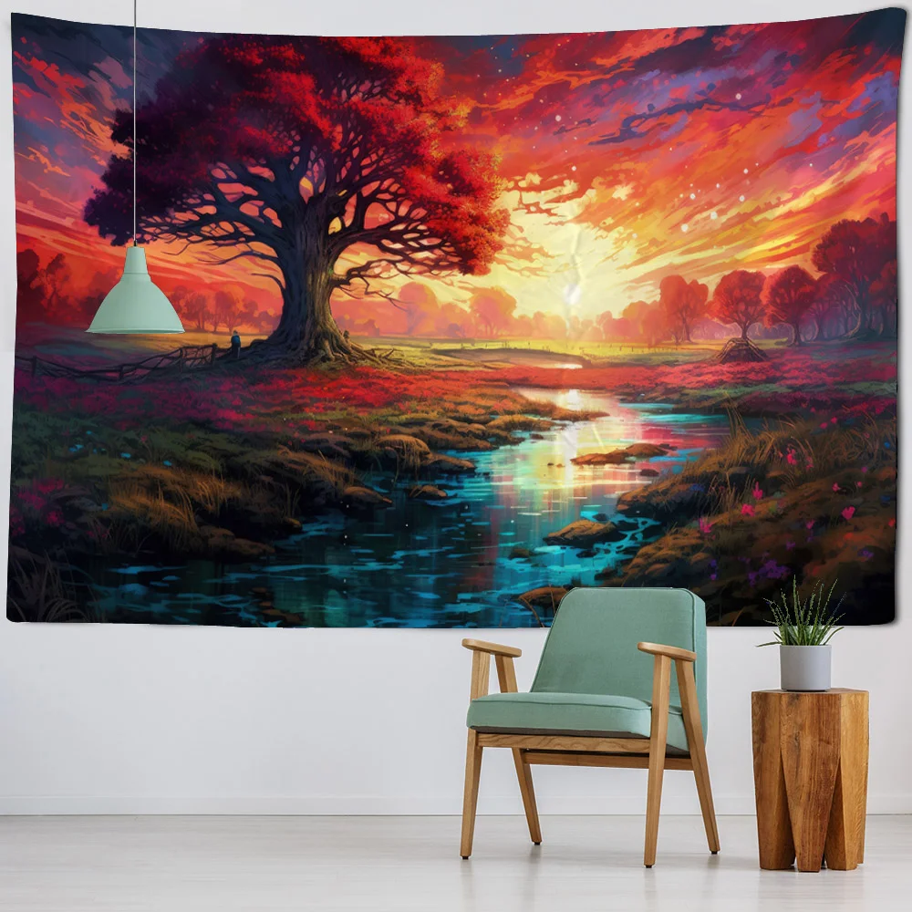 Psychedelic landscape tapestry, wall hanging, dreamy jungle art tapestry, home decoration, sunrise and sunset background cloth