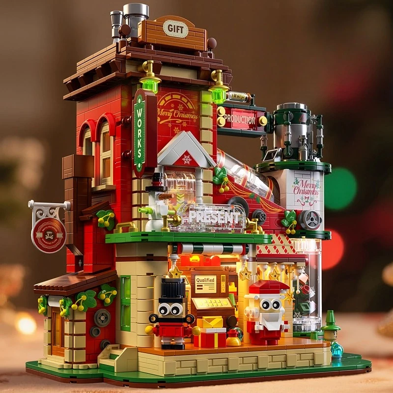 MOC クリスマスギフト工場ビルディングブロックセット冬のプレゼントハウスライト付き建設 DIY おもちゃ子供の誕生日クリスマスギフト