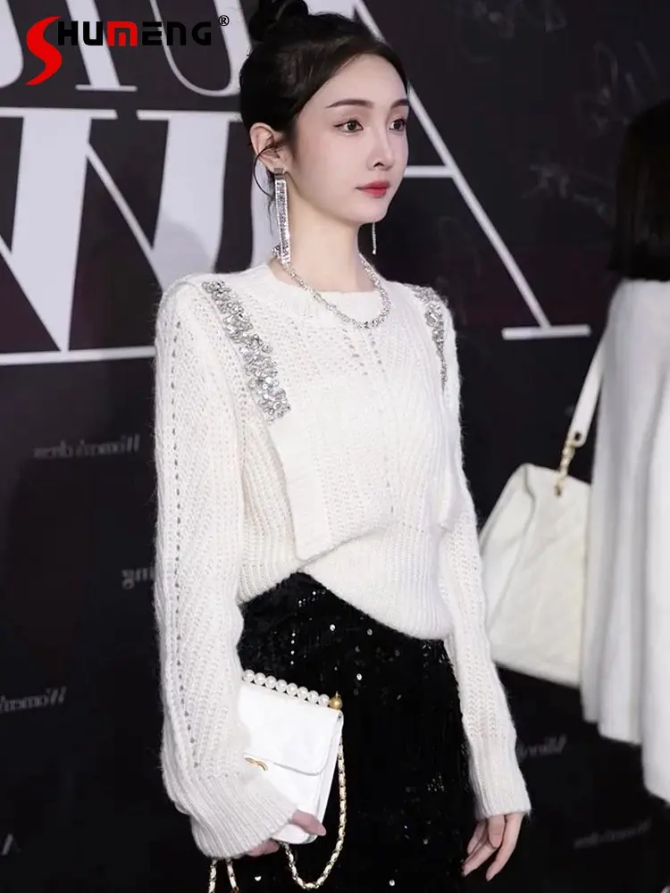 High-End Mohair Sweater for Women 2023 New Spring Autumn Hollow Heavy Hot Drilling High Waist White Knitted Jumper Sweater Femme