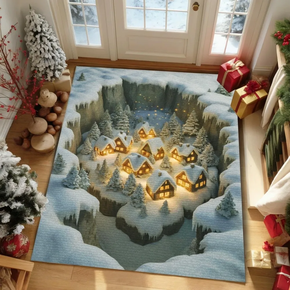 Flying Reindeer Sleigh Carpet Living Room Ice Icicle Rug Santa Village Night Sky Bedroom Bedside Winter Floor Mat Home Doormat