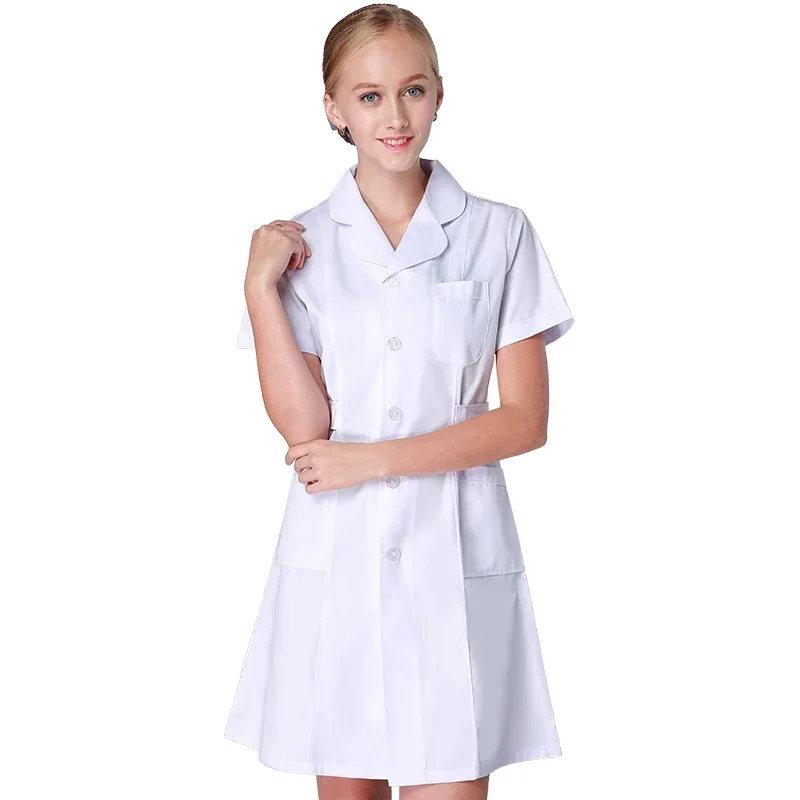 White Women Dress Nurse Working Uniform Workwear Healthcare Gown Polyester Cotton Solid Color Long Scrub Dresses  Uniformes