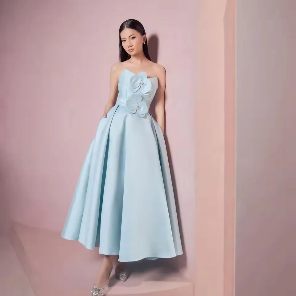 

Sky Blue Strapless Prom Dresses 3D Flowers A-Line Evening Dresses for Women Stain Ankle Length Party Gowns Formal Events Dress